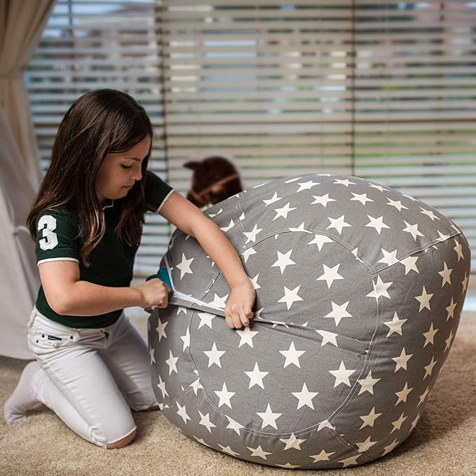 Wekapo Stuffed Animal Storage Bean Bag Chair Cover for Kids | Stuffable Zipper Beanbag for Organizing Children Plush Toys Large Premium Cotton Canvas (Grey star, X-Large)