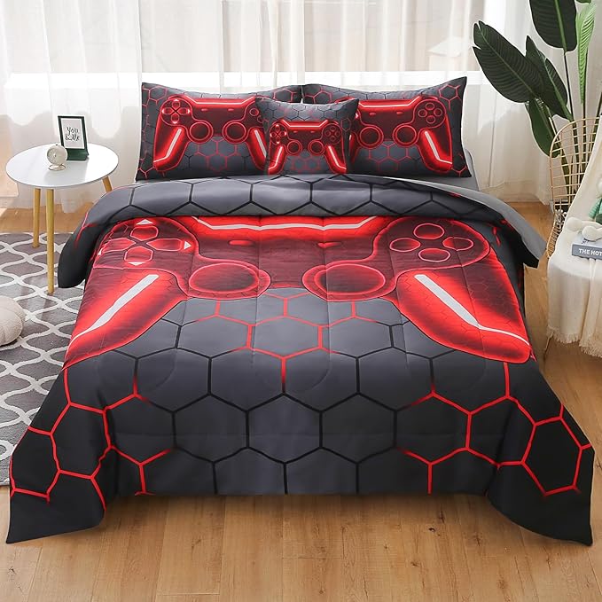 JQinHome Queen Gamer Comforter Set for Boys Girls Kids,6 Piece Bed in A Bag 3D Video Game Bedding -All Season Soft Microfiber Down Alternative Comforter Gamer Bedding Sets with Sheets （Red）