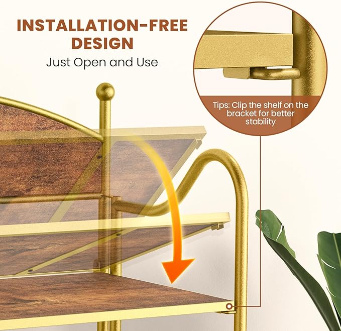Folding Bookshelf No Assembly, 5 Shelf Gold Folding Bookcase, Industrial Tall Metal Collapsible Corner Book Shelf with Storage Shelves for Bedroom, Living Room, Home Office Organization