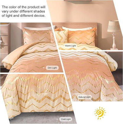 Ombre Beige Comforter Set Queen Size Girls Bedding Soft Microfiber Comforter for Kids Teen Women,4 Pieces (1 Comforter,2 Pillowcase,1 Decorative Pillow Sham)