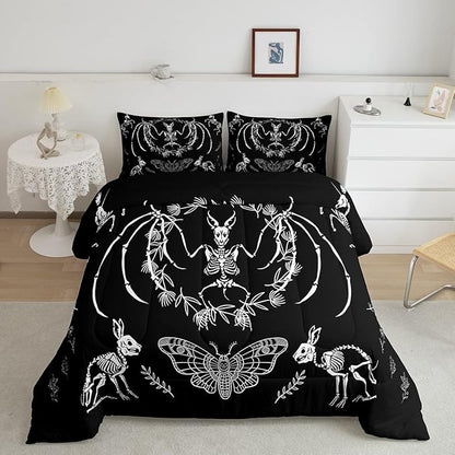 Feelyou Skull Comforter Set Bat Skeleton Comforter Boho Moth Gothic Skull Bedding Set for Kids Boys Girls Adults Halloween Themed Duvet Set Ultra Soft Horror Room Decor Twin Size Quilt Set