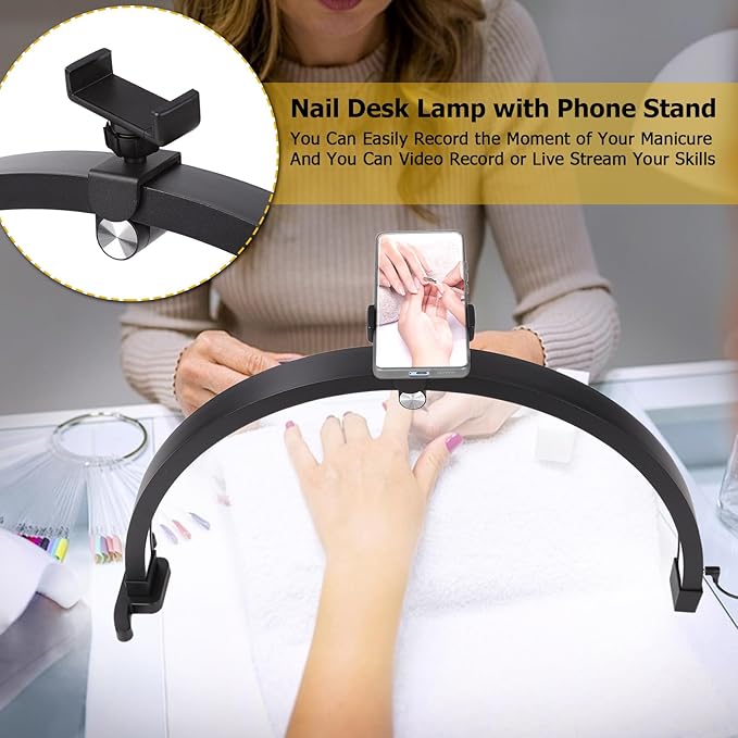 Small Nail lamp for Desk, Half Moon Light for Nail Desk with Touch Control, Portable Half Moon Nail lamp with Phone Holder (Black)