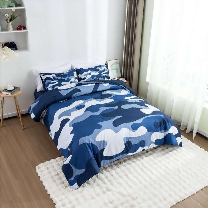 Meeting Story Camouflage Bedding Set, Colorful Pattern Style Comforter Set, 3 PCS One Comforter Two Pillowcases Two Sheets in One Bag, All Season Bedspread for Teens Adults (Navy,Twin