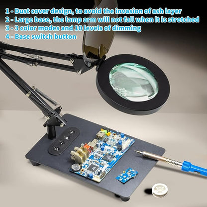 HITTI 10X Magnifying Glass with Light and Stand, Upgrade Base Button, 3 Color Modes Stepless Dimmable Magnifying Lamp, Adjustable Swing Arm LED Lighted Magnifier for Crafts Soldering Hobby