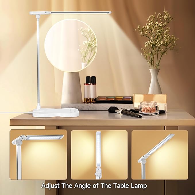 Led Desk Lamp with USB Charging Port, 5 Lighting Colors & 10 Brightness Reading Lamp, Foldable Dimmable LED Desk Light, 3000-6500K, Violin Shape Lamp Desk Lamps for Home Office-White