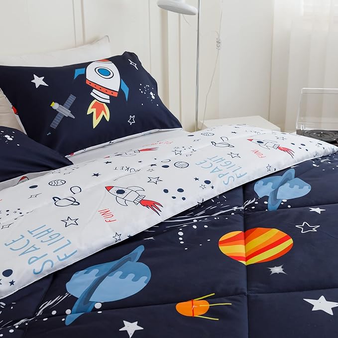 RYNGHIPY Kids Comforter Set Twin Size, Cute Space Rocket Bedding Set for Boys Girls, Space Themed Teen Boy Bedding (Space Rocket,Twin)