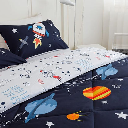 RYNGHIPY Kids Comforter Set Full Size, Cute Space Rocket Bedding Set for Boys Girls, Space Themed Teen Boy Bedding (Space Rocket,Full)