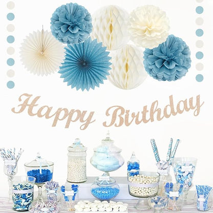 Dusty-Blue White Birthday Party-Decorations Paper-Flowers - 14pcs Happy Banner Boy Lanterns Tissue Pom Poms,Men Streamers Garland Fans Honeycomb,Baby Teen Male Kids Hanging Supplies Decor Hugfond
