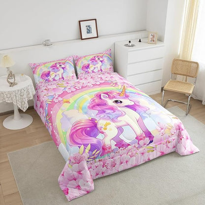Cartoon Unicorn Kids Comforter Set Full Size,Sakura Cherry Blossom Japanese Bedding Set,Girls Women Room Decor,Rainbow Unicorn Cute Down Comforter,Pink Purple Romantic Duvet Insert,2 Pillowcases