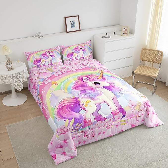 Cartoon Unicorn Kids Comforter Set Queen Size,Sakura Cherry Blossom Japanese Bedding Set,Girls Women Room Decor,Rainbow Unicorn Cute Down Comforter,Pink Purple Romantic Duvet Insert,2 Pillowcases