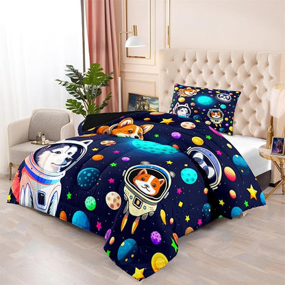 Dog Pattern Comforter Set - 3Pcs Cartoon Universe Dogs Theme Bedding Set for Boys Girls Kids Bedroom Kawaii Animal Pets Bedspreads Cover with 2 Pillowcases for All Season, Queen Size