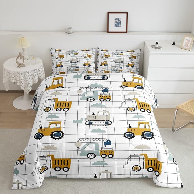 Kids Cute Cars Bedding Set Boys Cartoon Truck Tractor Cargo Comforter Set Machinery Bulldozer Crane Comforter Black White Grid Duvet Set Bright Decor Quilt Full Size Boys