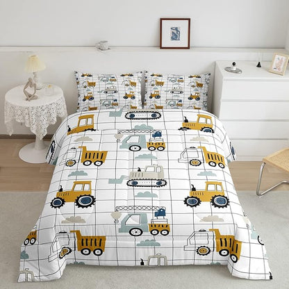Kids Cute Cars Bedding Set Boys Cartoon Truck Tractor Cargo Comforter Set Machinery Bulldozer Crane Comforter Black White Grid Duvet Set Bright Decor Quilt Full Size Boys