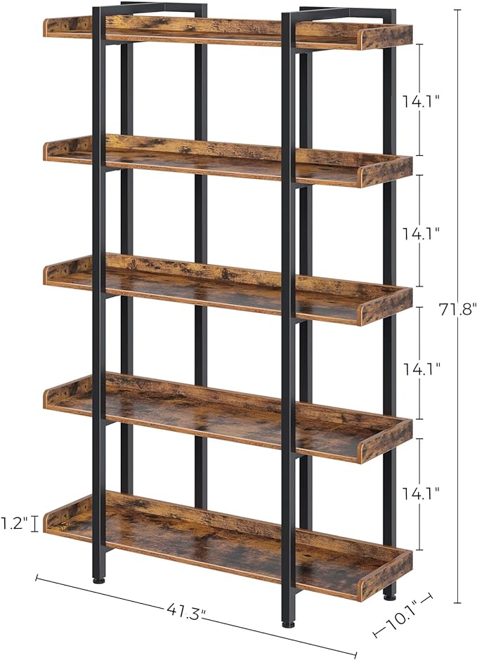 Rolanstar Bookshelf 5-Tier, 71.8’’H Industrial Book Shelf, Large Bookcases and Bookshelves with Open Shelves, Open Display Shelves with Metal Frame for Living Room Bedroom Home Office, Rustic Brown