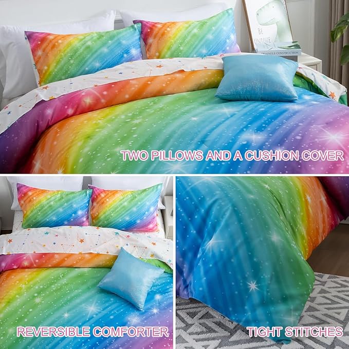 Btargot Super Soft 6 Pieces Gradient Star Ring Comforter Set, Colorful Glitter Rainbow Star Pattern Bedding Set for Boys Girls Teens,Twin Multicolor