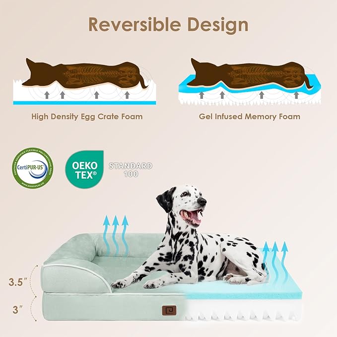 EHEYCIGA Orthopedic Large Dog Bed, Waterproof Memory Foam, Non-Slip Bottom, Sage Green, 41"L x 27"W x 6.5"Th