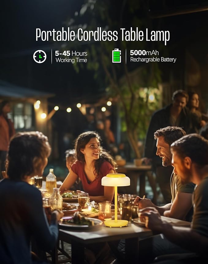 QiMH Battery Operated LED Table Lamp, 5000mAh Cordless Desk Lamp with 3 Level Brightness Touch Control, Mini Rechargeable Night Light for Living Room, Bedroom, Outdoor bar (Yellow)