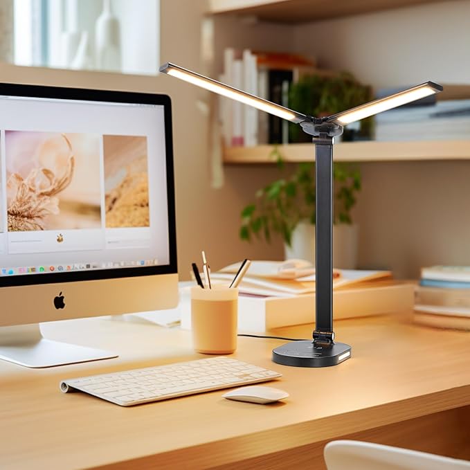 Lightess LED Desk Lamp with Wireless Charger, USB Charging Port, Adjustable Foldable Dual Swing Arm Desk Light Dimmable Eye-Caring Desk Lamp, Touch Control, Home Office Desk Lights for Work Study