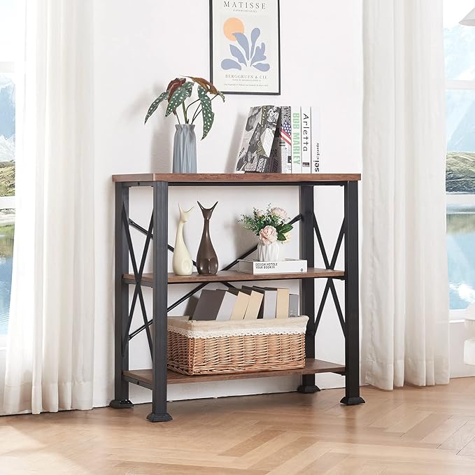 HOMBAZAAR Bookshelf, 3-Tier Industrial Bookshelf, Etagere Bookcases and Bookshelves, Small Bookshelf Storage Organizer, Freestanding Bookshelf for Living Room, Bedroom and Home Office, Brown