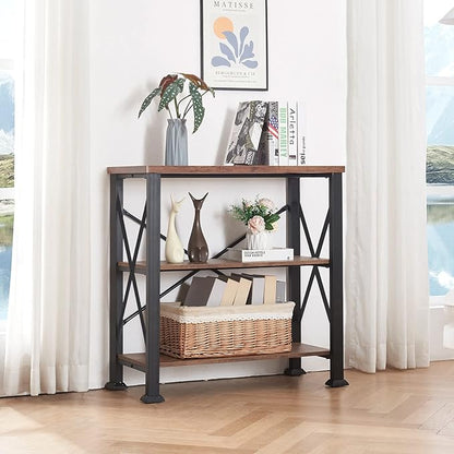 HOMBAZAAR Bookshelf, 3-Tier Industrial Bookshelf, Etagere Bookcases and Bookshelves, Small Bookshelf Storage Organizer, Freestanding Bookshelf for Living Room, Bedroom and Home Office, Brown