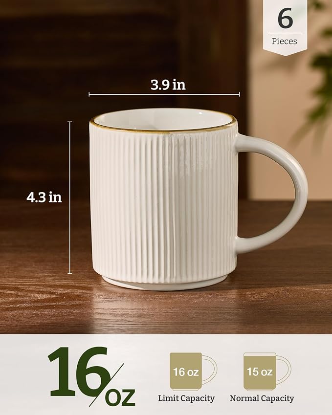 famiware Coffee Mug Set for 6, Star 16 oz Catering Mugs Cup Set with Handle for Coffee, Tea, Cocoa, Milk - Ceramic Stoneware Drinkware Set, White