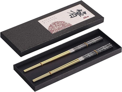 Chopsticks Reusable Titanium Plated Metal Chopsticks 304 Stainless Steel Chopstick Dishwasher safe Japanese Korean lightweight Engraved Anti-slip Chop sticks for Eating 2 Pairs Gift Set Black Gold