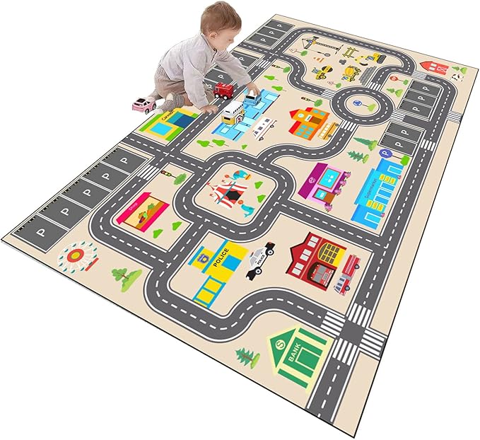Kids Rug Play Mat for Toy Cars,City Life Road Traffic Educational Carpet,Have Fun Throw Rug,Non-Slip Nursery Rug for Boy and Girl Bedroom 90×150cm/35×59in