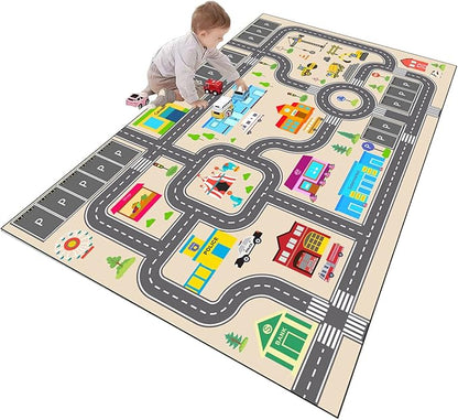 Kids Rug Play Mat for Toy Cars,City Life Road Traffic Educational Carpet,Have Fun Throw Rug,Non-Slip Nursery Rug for Boy and Girl Bedroom 90×150cm/35×59in