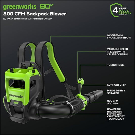 Greenworks 80V (800 CFM) Dual Port Backpack Blower with (2) 5.0 Ah Batteries, Dual Port Rapid Charger