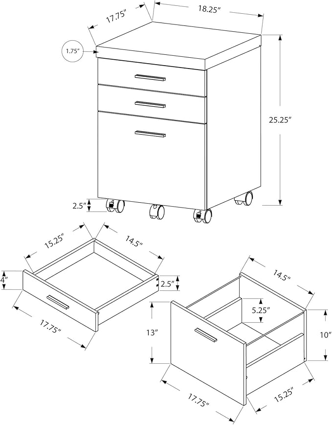 Monarch Specialties 7403, Rolling Mobile, Storage, Printer Stand, Office, Work, Laminate, Black, Grey, Contemporary, Modern Filing Cabinet-3 Drawer Castors, 18.25" L x 17.75" W x 25.25" H