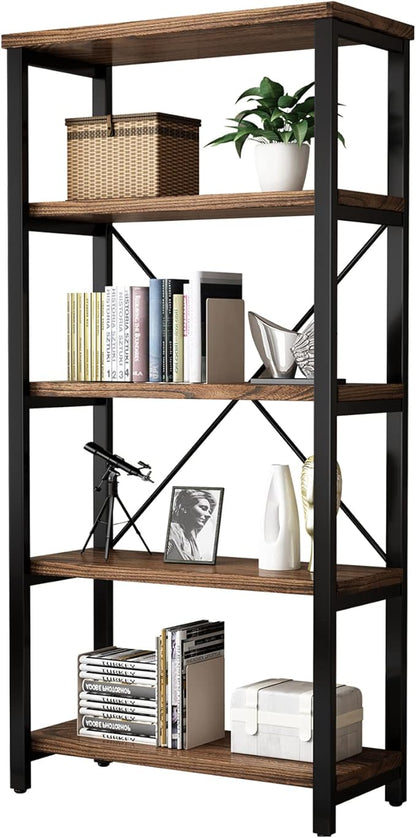 5 Tier Industrial Solid Wood Bookshelf, Open Etagere Bookcase with Metal Frame, Vintage Industrial Style Bookcase/Metal and Wood Bookshelf Furniture (AY01-5tier)