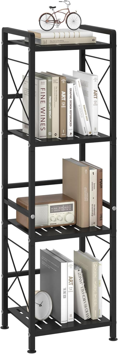 JSB 4 Tier Metal Bookshelf Bathroom Storage Standing Shelf Unit Kitchen Storage Organizer Display Rack Bookcases Shelves for Living Room, Bedroom, Office (Black, 4 Tier)