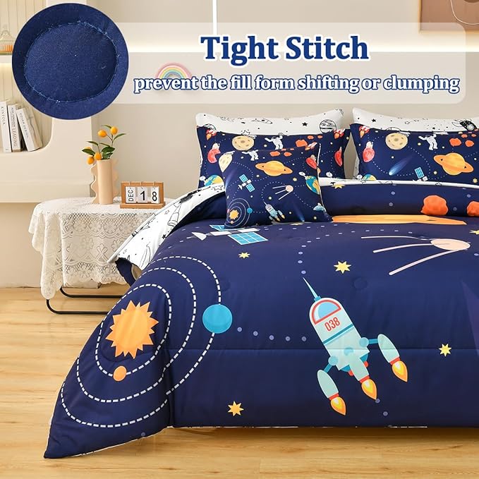 Spaceship Comforter Set Full Size, 8 Piece Bed in a Bag Rocket Space Bedding Sets for Boys Girls Kids