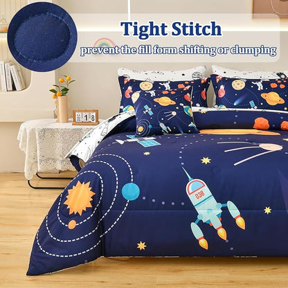 Spaceship Comforter Set Full Size, 8 Piece Bed in a Bag Rocket Space Bedding Sets for Boys Girls Kids