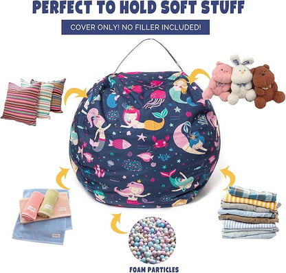 Stuffed Animal Storage Bean Bag Chair Cover, Hold Kids Plush Toys Blankets Towels Beanbag (Cover Only), Canvas Floor Circle Stuff Sit Seat Sofa with YKK Zipper, Extra Large 38", Mermaid