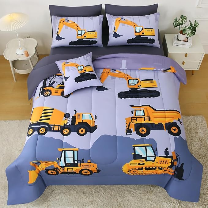 JQinHome Construction Full Bedding Sets for Boys Kids,8 Piece Bed in A Bag 3D Cartoon Car Excavator Tractor Comforter Set with Sheet Set,Trucks Cars