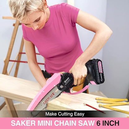 Saker Mini Electric Chainsaw,6 Inch, Handheld Portable Chain Saw Pruning Shears Chainsaw Cordless for Tree Branches,Household and Garden(SAKER MINI CHAINSAW PINK + 2 BATTERIES + 3 CHAINS)