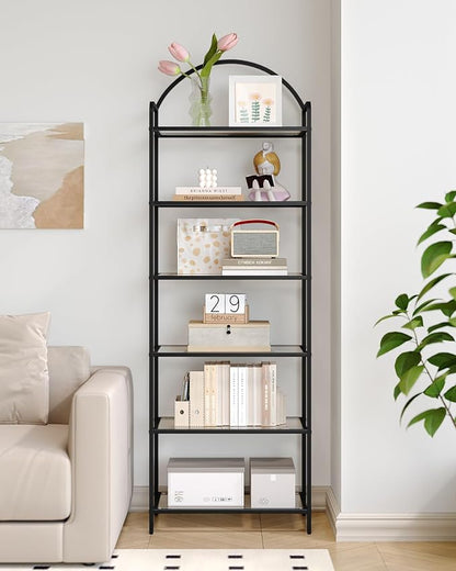 Bookcase Bookshelf, Tempered Glass Bookshelves, Slim Shelving Unit for Bedroom, Bathroom, Home Office, Steel Frame, 6 Tier Black BC21699B