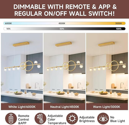 ORANOOR Modern Gold Chandeliers Pendant Light, 47in Dimmable LED Chandelier | Linear Gold Pendant Light for Kitchen Island Dining Room, 6 Globe Hanging Pendant Chandelier Lighting Fixture, 2 Rings 4200lm
