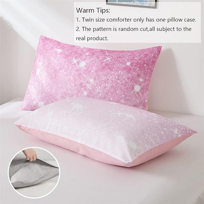 Pink Glitter Comforter Set Full/Queen Size for Girls, Sparkle Galaxy Twinkle Starlight Comforter for Kids Teen,2 Piece Pink Ombre Pastel Bedding Set with 2 Pillow Cases(Pink)