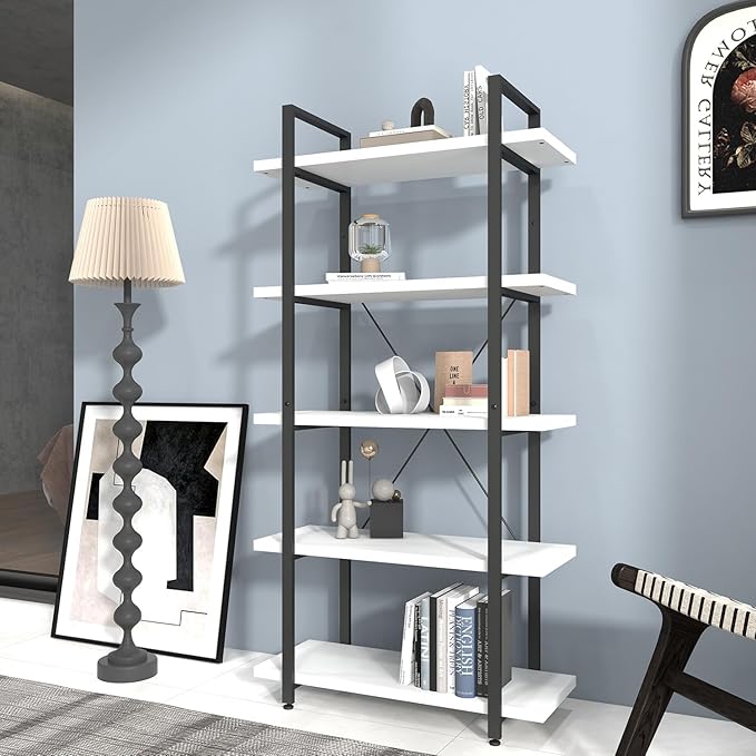 Panana 5 Tier Industrial Rustic Wooden Bookshelves, Vintage Open Wood and Metal Farmhouse Bookshelf Heavy Duty Storage Shelving Unit Rack (White)