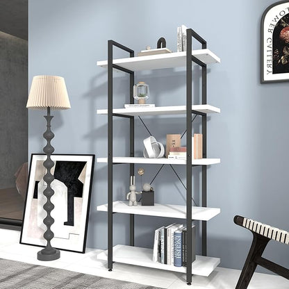Panana 5 Tier Industrial Rustic Wooden Bookshelves, Vintage Open Wood and Metal Farmhouse Bookshelf Heavy Duty Storage Shelving Unit Rack (White)