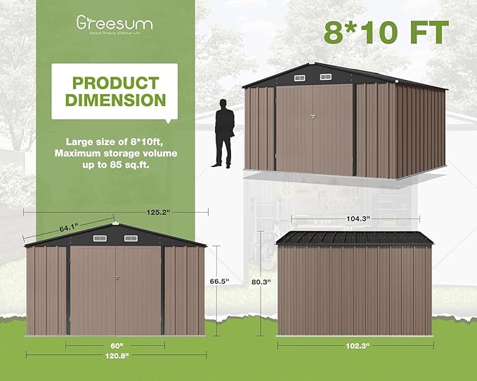 Greesum 10x8FT Outdoor Storage Shed, Utility Tool Shed Metal Storage Garden Shed with Door & Lock for Patio Storage, Brown
