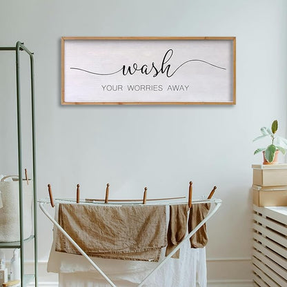 Wash Your Worries Away Bathroom Wall Art 24×10 Inch Wood Framed Decor Funny for Laundry Room Restroom Modern Rustic Inspirational Sign (Wood)