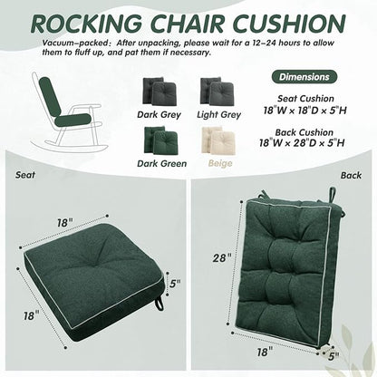 YZ HOME Rocking Chair Cushion, Set of Thicken Seat & Back Chair Cushions with Memory Foam, Non-Slip Chair Pad with Ties for for Indoor&Outdoor Rocker, Dark Green, 28 * 18 * 5/18x18x5