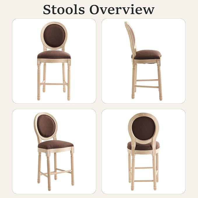 French Country Barstool, Linen Farmhouse Counter Height Chair | Set of 6, with Cushion Round Back and Solid Wood Legs, Oval Chairs for Restaurant, Bar, Kitchen, Café, Brown