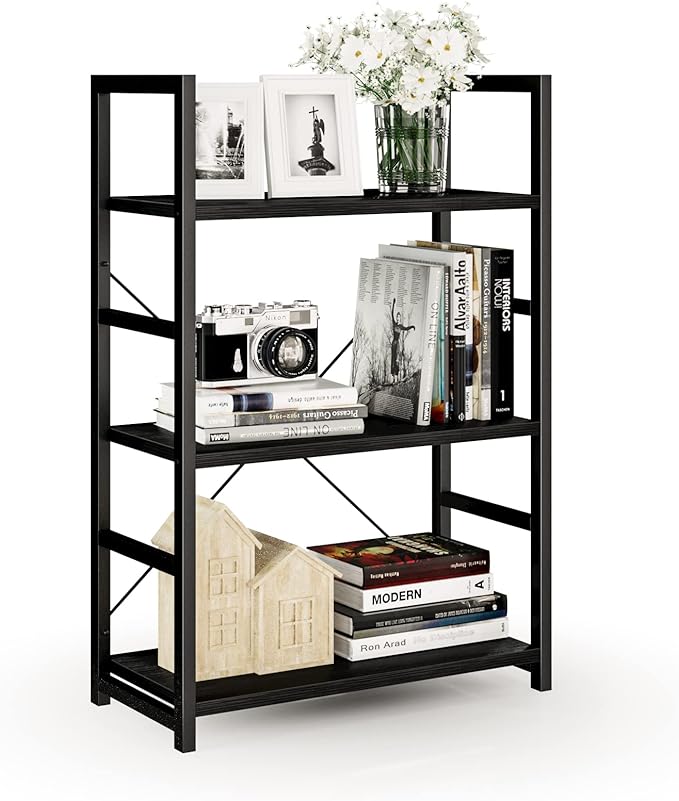 NUMENN 3 Tier Bookshelf, Bookcase Shelf Storage Organizer, Modern Book Shelf for Bedroom, Living Room and Home Office, Black