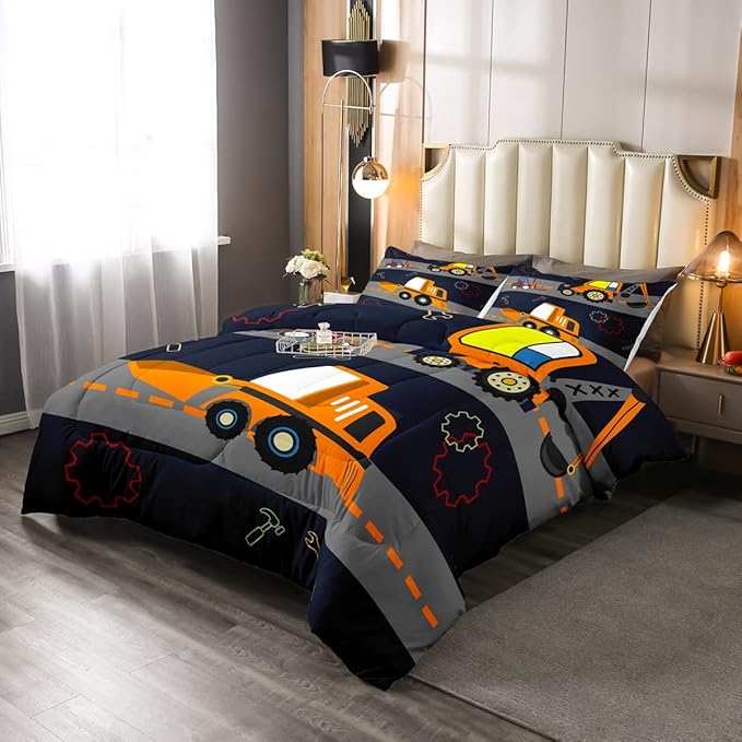 Feelyou Kids Equipment Trucks Comforter Boys Excavators Bedding Set Construction Site Vehicle Car Decor Comforter Set Tractor Orange Black Grey QuiltCollection 3Pcs Queen Size Boys