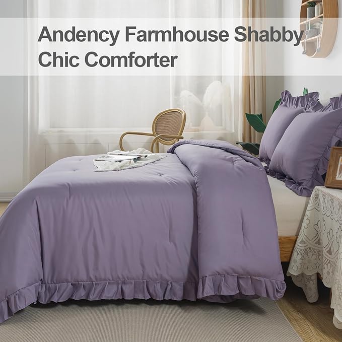 Andency California King Comforter Sets Grayish Purple (104x96Inch), 3 Pieces Cal King Ruffle Comforter, Oversized Farmhouse Shabby Chic Bed Comforter, Lightweight Soft Microfiber Bedding Set