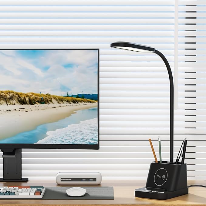 College Dorm Room Essentials Desk Lamp for Girls/Guys/Teens, Small Desk Lights with Wireless Charger, LED Black Reading Lamps for Home Office, Pen Holder, Kids Study Lamp with Storage